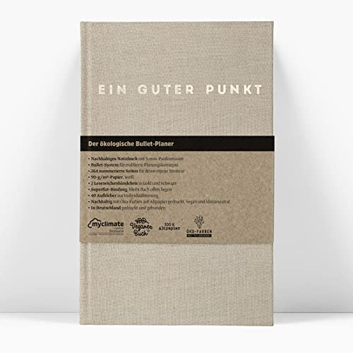 Ein guter Punkt | A5 Bullet Planer (Natur) | Nummerierte Seiten, Inhaltsverzeichnis, 5-mm-Punkteraster Dotted, Super-Flat-Bindung, Leineneinband mit Goldprägung