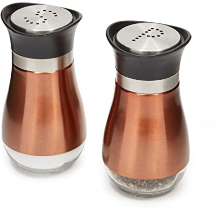 Juvale Stainless Steel Copper Salt and Pepper Shakers Set with Glass Bottom, Screw-Off Caps, Perforated S and P Designs for Kitchen, 2.5 x 2.5 x 4.5 Inches (4oz)