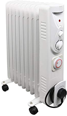 NRG 2KW White 9 Fin Oil Filled Radiator Portable Electric Heater with Timer | with Adjustable Thermostat