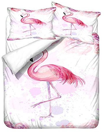 Surwin Bettwäsche-Set 3 Teilig Single Doppelt King Größe, Mikrofaser 3D Bettwäsche Set Flamingo Tier Drucken Bettbezug mit Reißverschluss + 2 Kissenbezüge für Jungen Mädchen (Blush Pink,135x200cm)