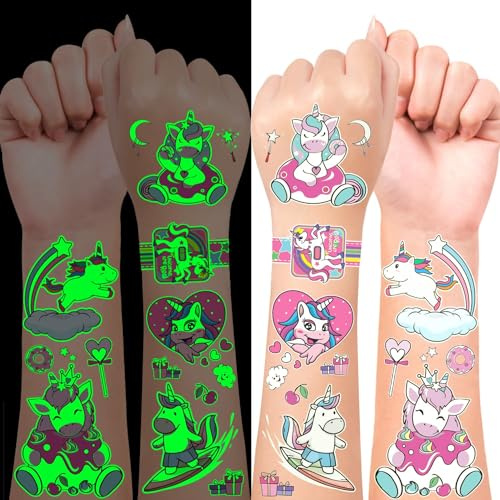 Einhorn Tattoo Kinder, Leuchtende Kindertattoos, Geschenke für Mädchen | Sticker, Spielzeug, Geburtstagsdeko, Mitgebsel Kindergeburtstag Deko, Karneval Fasching