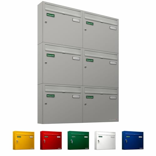 AL Briefkastensysteme Basic 6er Briefkasten RAL 9006 Weiß Aluminium Silber Edelstahl-farbig 6 Fach DIN A4 wetterfest Briefkastenanlage mit Posthaltebügel und 2 Namensschildern