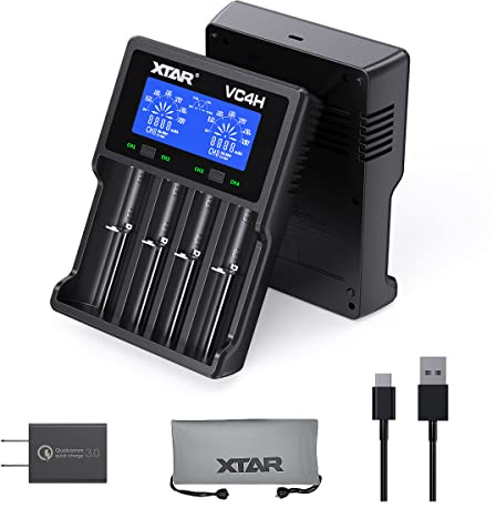 XTAR VC4H 4-Bay 21700 & AA/AAA Battery Charger - USB-C & QC 3.0 Adapter
