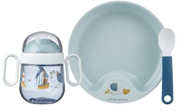 Mepal Mio – Set di stoviglie per bambini – 3 pezzi, con bottiglia per imparare a bere e cucchiaio educativo – lavabile in lavastoviglie – Sailors Bay