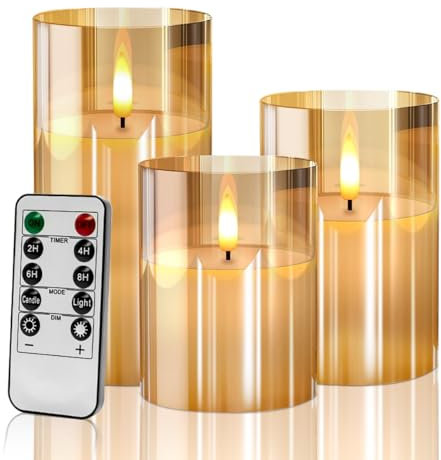 Gold Glass flameless Candles Flickering with Remote, Moving Wick Battery Operated Realistic Warm Light Candle, for Party Wedding Festival Tabletop Decoration, Set of 3