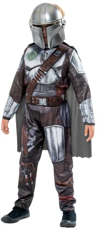 RUBIES - Star Wars Official - The Mandalorian deluxe kostym - barndräkt storlek 7–8 år - jumpsuit med vadderad rustning och mask - perfekt för unga kejserliga rekryteringar