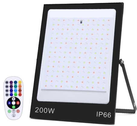 Projecteur RGB Extérieur 200W, Spot de Couleur avec Télécommande, 16 Couleurs changeant de couleur avec télécommande IP66 étanche à intensité variable, applique murale pour scène de fête de jardin