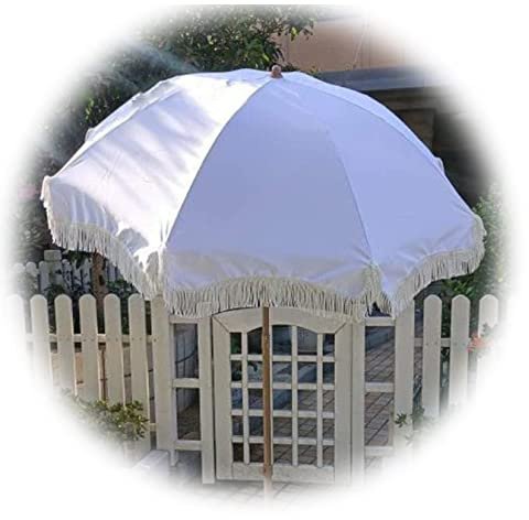 CHEMYO 180cm/5.9ft Parapluie avec Frange, Jardin avec Inclinaison, Protection UV Parasols de Plage Blancs, 8 Côtes, Mode Romantique Portable s