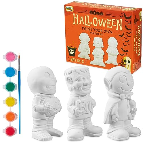 Kit Lavoretti Creativi Per Bambini - Set Pittura Bambini con Figurine di Gesso da Dipingere e Colori Acrilici Lavabili - Gioco Creativo Halloween - Strega Vampiro Zucca da Colorare (Set da 3 )