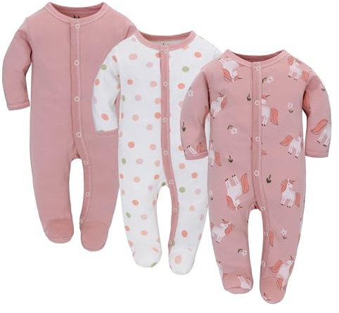 3PCS Baby Schlafstrampler Babychlafanzug Babyschlafsack Baumwolle mit Füßen mit knöpfen Gr. 56 62 68 für Junge Mädchen Neugborenen