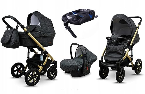 BabyLux® Kinderwagen Set 4 in 1 - Sky Lark - incl. Babywanne, Buggy Sportsitz, Auto-Babyschale, ISOFIX-Basisstation - Autositz - Kinderwagenset - Kombikinderwagen mit Wickeltasche usw.