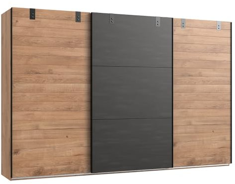 Lomadox Kleiderschrank Schwebetürenschrank 300 cm, 2 Türen, 3 Kleiderstangen, Eiche mit Stahl Nb.