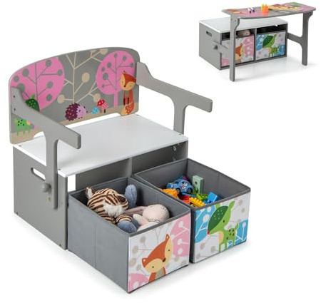 LIFEZEAL Banco Infantil de Almacenaje 3 en 1 con 2 Cajones, Caja de Juguete de Madera, Juego de Mesa y Taburete para Niños de 3 a 7 años, Organizador con Cestos Textiles de Almacenaje (Gris)