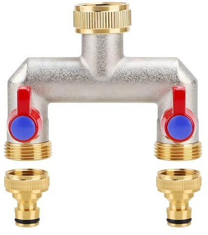 2-Wege Wasserhahn Wasserverteiler aus Messing für 2 Geräte/1/2 zoll Gartenschläuche, Wasserhahn Verteiler 3/4 Adapter mit Kugelhahn zum Einstellen und Absperren des Wasserflusses (2-Wege)