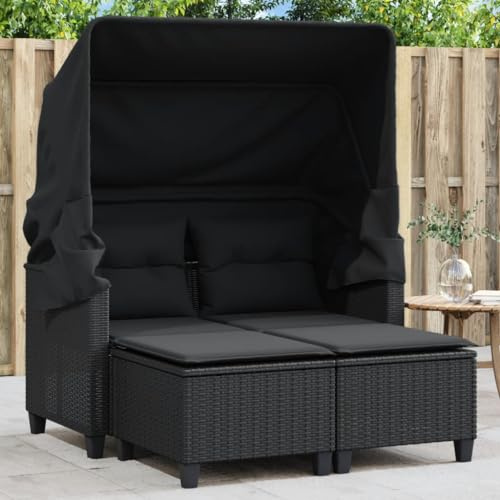 Tidyard Gartensofa 2-Sitzer mit Dach und Hockern, 2-Sitzer Lounge Sofa, Gartenlounge Sofa, Terrassensofa Gartenmöbel Terrassenmöbel, Schwarz Poly Rattan