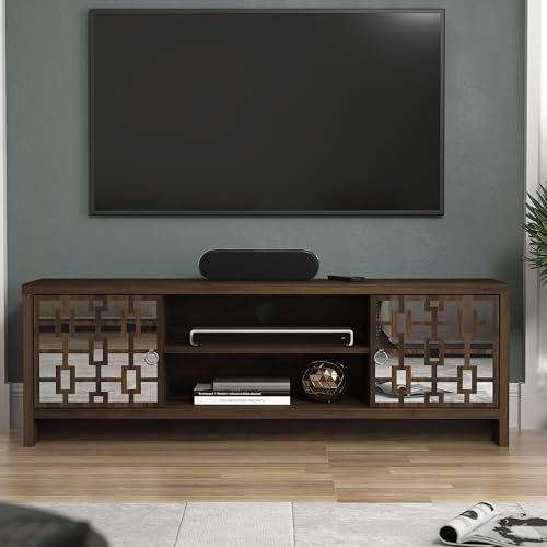 Galano Mollison 2 Door TV Unit with Acrylic Mirror – Entertainment Centre for up to 60 TV – TV Stand Cabinet with Large Storage for Living Room (Royal Walnut)