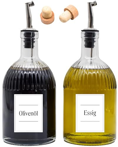 Generisch Essig & Ölflaschen Set 2x500 ml aus Glas zum Befüllen mit Edelstahl-Ausgießer, Holzkorken und Etiketten (2)