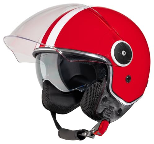 VINZ Arenas Jethelm mit Doppelvisier | Roller Helm mit Streifen & mit Sonnenblende | In Gr. XS-XXL | ECE 22.06 Zertifiziert | Motorradhelm mit Visier | Viele Farben Erhältlich - Rot