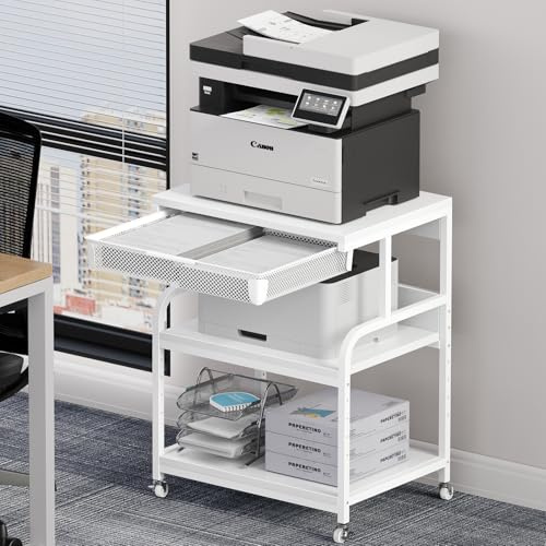 EasyCom 23.6''x18.9'' Extra Large Printer Stand with Drawer, 5-Adjustable Heights, 3-Tier, Wheels, Storage for Printer, Scanner, Fax, Home Office Use