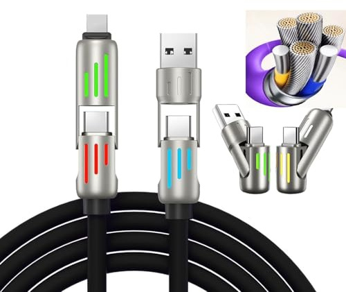 4 in1 Multi Charger Cable, PD 240W with Dual USB-C & USB-A Ports | 1.2m, Metal Ports with Breathing Light Compatible with iPhon14,16 Android Samsung Galaxy MacBook iPad Android devices (Black)