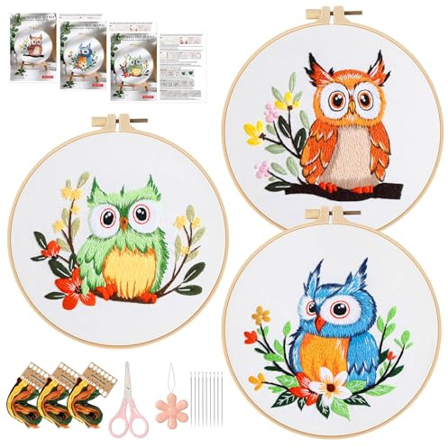 LZYDKH 3 Sets Sticksets für Erwachsene, Stickset für Anfänger mit Reifenanleitung Kreuzstich-Sets für Erwachsene Anfänger mit Eule und Blumen Stickmuster