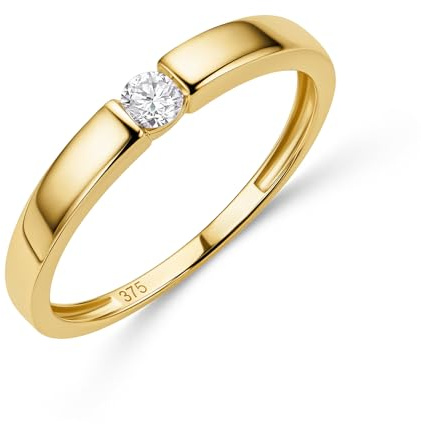 MIORE Anillo de Compromiso de Diamantes para Mujer en Oro Amarillo Macizo 375 9K, con Diamante Solitario 0,10ct, Alianza de Boda Entregada Joyas con Joyero