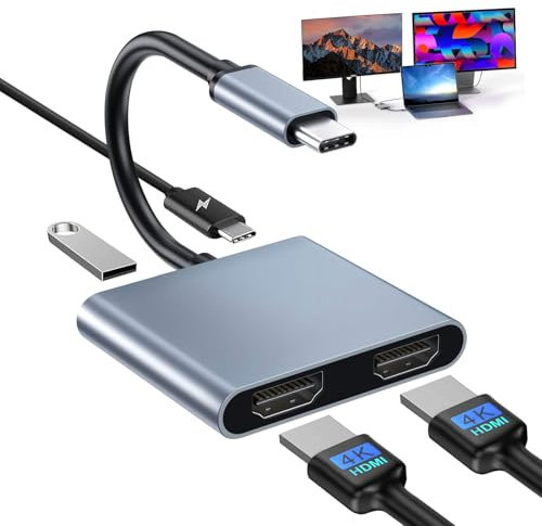 Adattatore USB C HDMI,4 In 1 Adattatore HDMI USB C con 2 HD-MI, U SB, PD 100W, 4k@60Hz e doppio 4k@30Hz,Cavo U SBC HD-MI per MacBook Pro/Air,iPad Pro,iMac,iPhone 16/15 Pro/Max,Pixelbook,Surface Pro