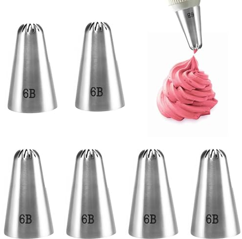 6 Pcs 6b Cake Piping Nozzle Tips,Stainless Steel Cake Decorating Piping Nozzles,Cake Nozzles for Piping for Buttercream, Birthday Cake, Cupcake, DIY Art
