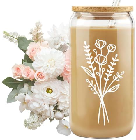 BelleVive Linda taza de vidrio con tapa y pajita, taza de café helado estética, taza de flores, taza personalizada con pajita, regalos de cumpleaños para mujeres, amigos
