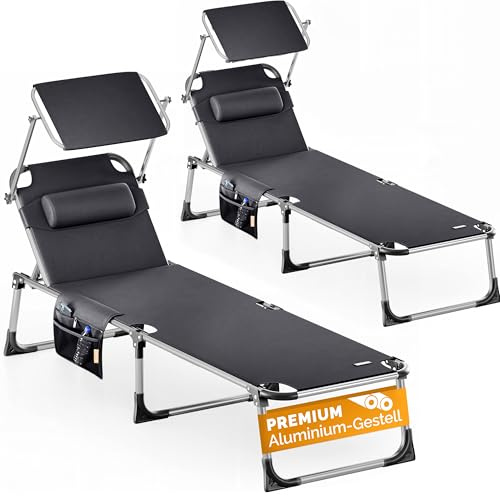 CASARIA® Set 2X Tumbonas Playa Plegable 180Kg Silla Jardín Reclinable Exterior Toldo Reposacabeza 210x61cm Bolsillo Piscina Camping Terraza Gris