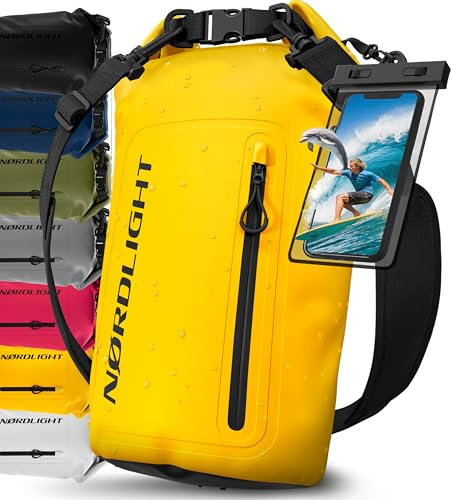 Nordlight Dry Bag Sac Étanche avec Pochette Étanche Téléphone, Fermeture Roll-Top, Bandoulière | Sac à Dos étanche Nautique, Sac Impermeable Etanche | Natation Plage Sup Bateau - Jaune (Opaque), 30 L