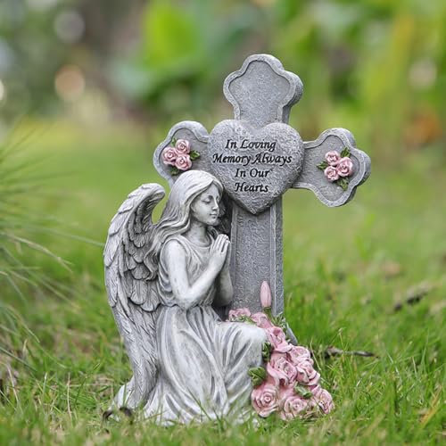Engel Figur Gartendeko Solar Gartenfiguren für Außen,Solar Engel Garten Statue Outdoor Dekor,Schutzengel betend mit Kreuz Figur Lichter Harz Memorial Skulptur für Gräber,Friedhof,Terrasse,Hof (B)