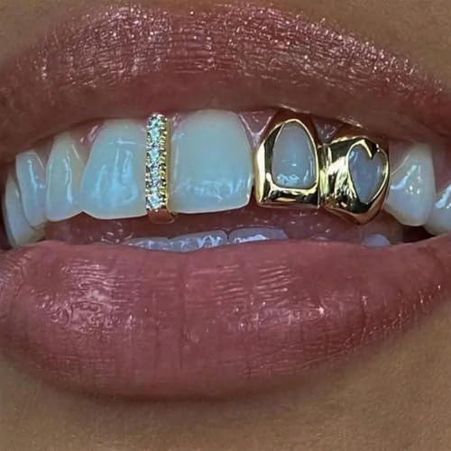 hixswnu Hip Hop Hope Heart Heart Grills med Dual Color Bling, Glänsande Gyllene Tänder för Tanddekoration Smycken och Cosplay Tandtillbehör Kostymer