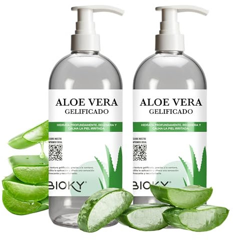 Bioky Gel Aloe Vera 100% Natural 2x1L – Puro, Orgánico, Hidratante y Calmante – Piel Hidratada e Iluminada | Natural y Versátil: Aftersun, Piel, Cabello, Post Depilación, After Shave (2 Litros)