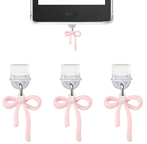Calkkrer 6 Pieces USB-C Dust Plugs with Pendant, Dust Plugs with Pink Bow, USB C Protective Cap Against Dust, Charging Port Cover with Phone Charm