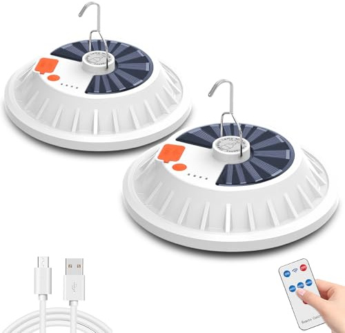 LIAISIMI 2 Stück Solar LED Campinglampe, USB Wiederaufladbare mit Fernbedienung, Superhell 120 LEDs Camping Laterne mit 5 Modi, IPX4 Wasserdicht Zeltlampe für Camping, Wandern, Angeln, Notfall