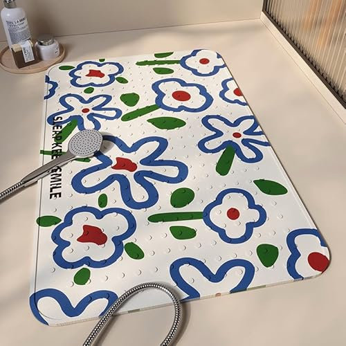 Alfombra Ducha 60X90Cm Flor Azul Alfombrilla De Baño Antideslizante Rectangular,Tapete Grande De PVC con Ventosas, Ideal para Ancianos, Adultos, Infantil Y Niños