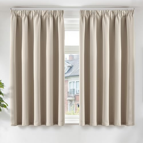 TOPICK Gardinen Vorhänge Verdunklungsvorhänge 2er Set H145xB140 Beige | Gardinen mit Kräuselband Schlafzimmer für Schienensystem Vorhänge Blickdicht Wohnzimmer Blackout Curtains Fenstervorhang