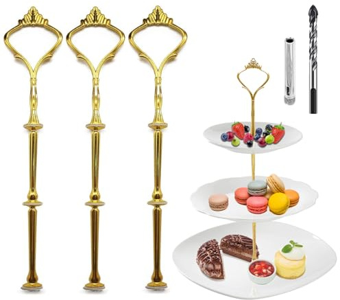 Trsnzul Presentoir a Gateau 3 Sets Tiges pour Stand à Gâteaux Accessoires pour Stand à Gâteaux Kits Métal 2/3 Niveaux Presentoir a Gateau Livré avec Un Foret, Doré, Forme de Couronne