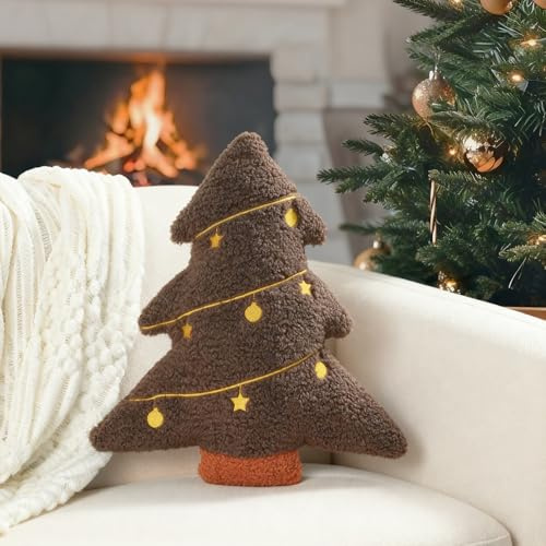 Miaikoe Weihnachtskissen, Dekorative Weihnachtsbaum Kissen gefüllt Baum geformt gestickt Stern Kugel Schlafzimmer Weihnachtsplüsch für Party Heimdekorationen 39,3 x 37 cm Braun