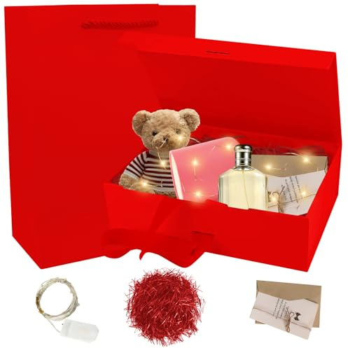 Geschenkbox 21 * 17 * 7cm, Geschenkbox mit Deckel, Geschenk Box mit Schleife+Karte+Tasche+Bast+Licht, Magnetische Geschenkboxen, Geschenkkarton, Geschenkverpackung für Hochzeit Weihnachten Geburtstag