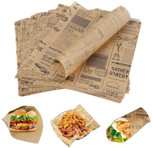 Backpapier Zeitungsoptik,100 Blatt Sandwich Wrap Papier 25 * 25cm, Burger Papier Einweg Fettdichte Papierblätter für Sandwiches, Pommes, Kuchen, Brot