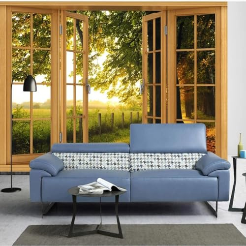 Tapete 3D Effekt 3D Bodentiefe Fenster,Wald Und Wiese 3D-Fototapete，Wandbild Für Hochzeitszimmer，Heimdekoration 300x210cm