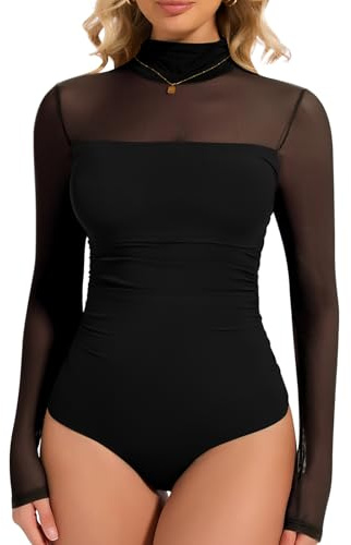 Joyshaper Women Bodysuit Turtleneck Long Sleeve Mesh Leotard Tops Sexy Elegant Mock Turtle Neck Body Suit Shirts Black,L