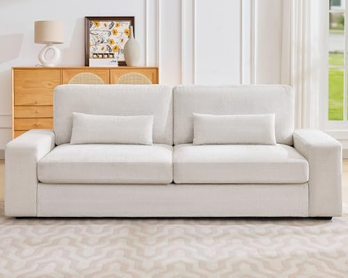 LUXOAK 220 cm 3-Sitzer Sofa mit 59 cm Sitztiefe, Moderne Couch mit Breiten Armlehnen, leicht aufzubauen, ideal für Wohnzimmer, Schlafzimmer oder Spielzimmer, beige Chenille