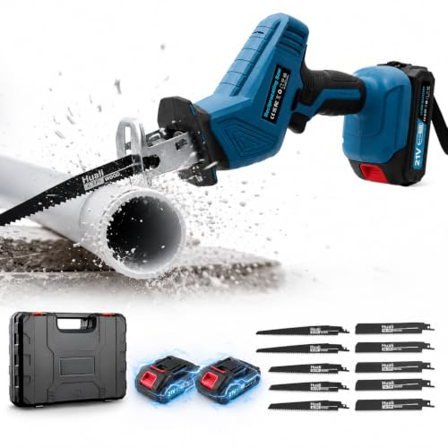 Viugreum Säbelsäge, 21V akku säbelsäge, 4000 RPM Bürstenloser Motor Akku Universalsäge, Säbelsägen mit LED Licht, 8 Sägeblätter, 2 Batterien, Fuchsschwanz Säge Elektrisch für Baustelle Garten
