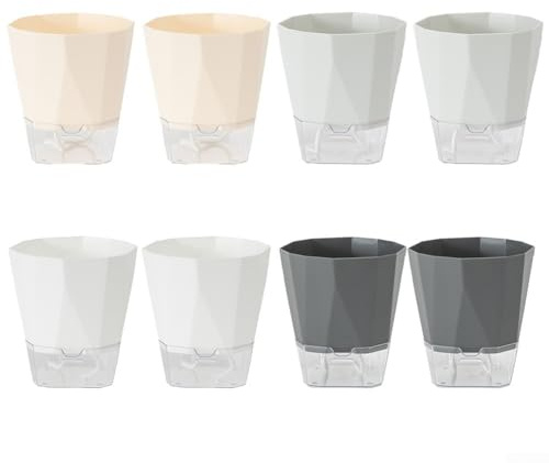 Lot de 8 pots de fleurs en plastique à auto-arrosage avec réservoir d'eau et corde d'absorption, pour intérieur et extérieur, blanc/beige/gris clair/gris foncé (taille L)