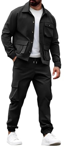 Generisk träningsoverall herr mode joggingdräkt herr, hemmadräkt cargojacka cargobyxor tvådelad kostym bekväm träningsoverall säckig fritidsoverall casual byxor ledig sportdräkt tracksuit, svart, L