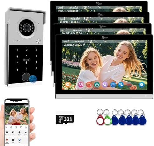Kabelgebundenes Video-Türsprechanlage, Wohnungs-Gegensprechanlage, 25,4 cm (10 Zoll) Touch-Monitor mit 1080P-Türklingel, unterstützt Fingerabdruck, RFID-Karte, Passwort-Entriegelung für Zuhause, Villa