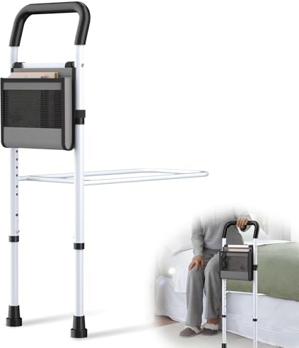 Bed Rails for Elderly Adults Safety, Adjustable Bed Assist Rail for Seniors Fall Prevention with Support Leg, Bedside Grab Bar Cane with Storage Pocket, Fits Twin Full Queen King Beds (White)